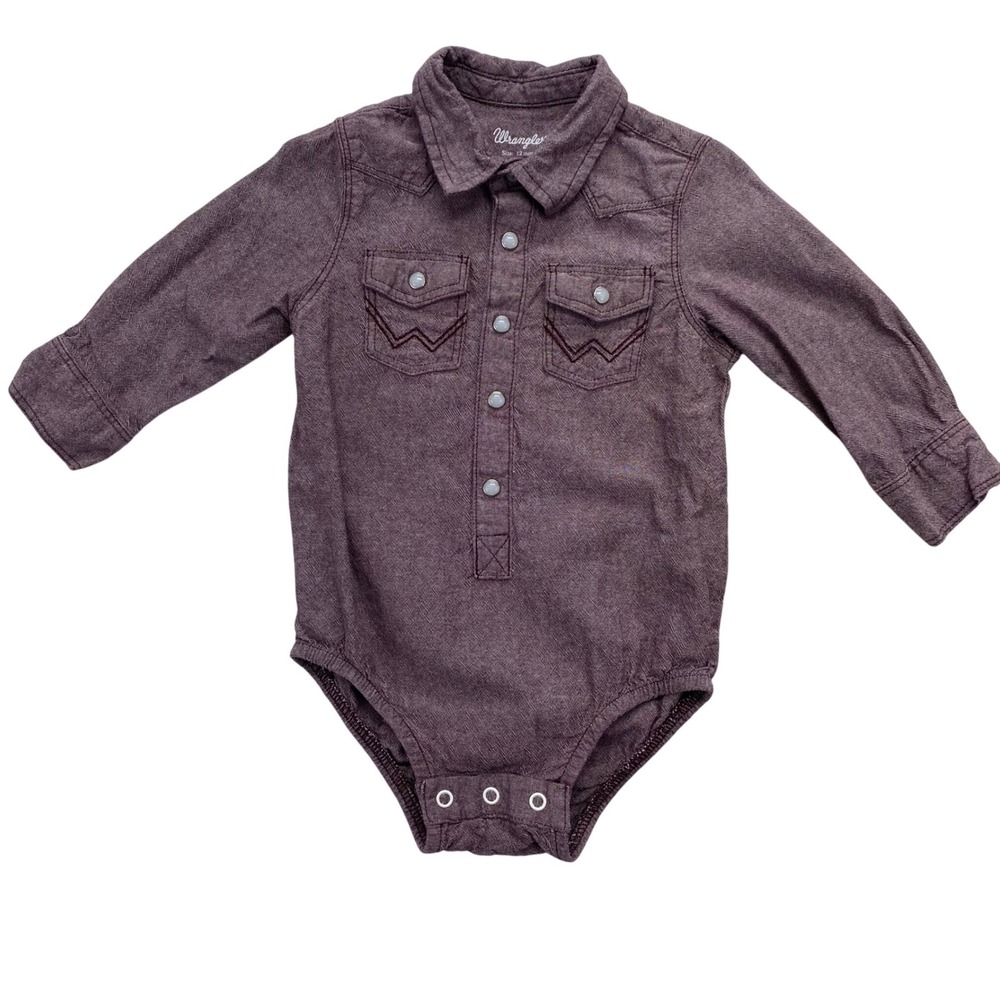 Wrangler Western Bodysuit Baby 12M Burgundy Pearl Snap Long Sleeve Cotton